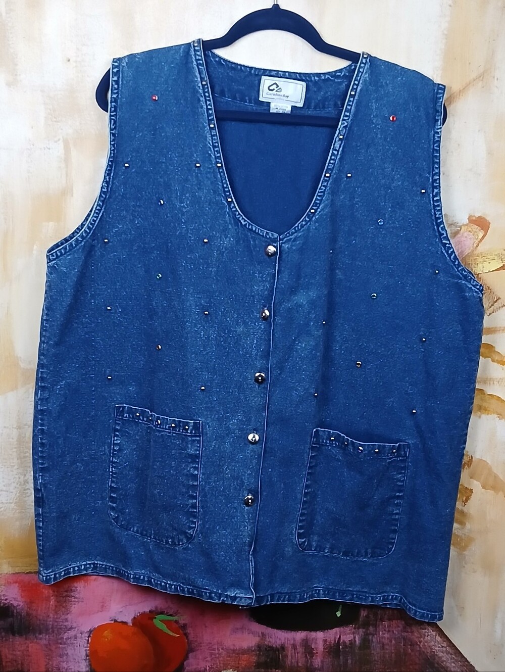 Vintage Carolina Bay Plus Studded Rhinestone Denim Vest Size 2X